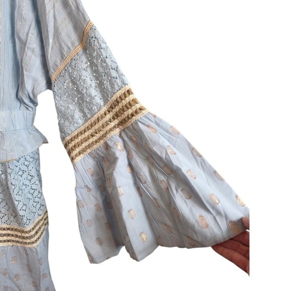 POL Cardigan Women Large Blue Gold Metallic Lace Shell Trim Boho SMQG2 - Picture 7 of 17
